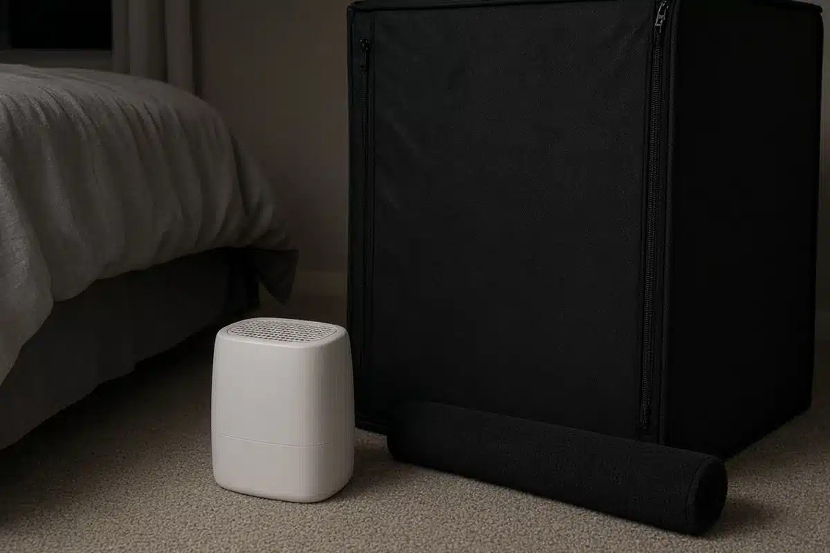Small white dehumidifier and a rolled black towel on the carpet at the base of a zipped black grow tent in a dim bedroom