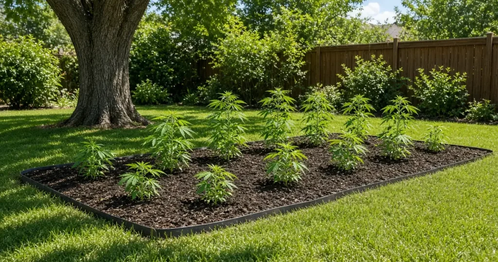 Gardening near trees: a sunny garden bed set out beyond the shade of a large tree