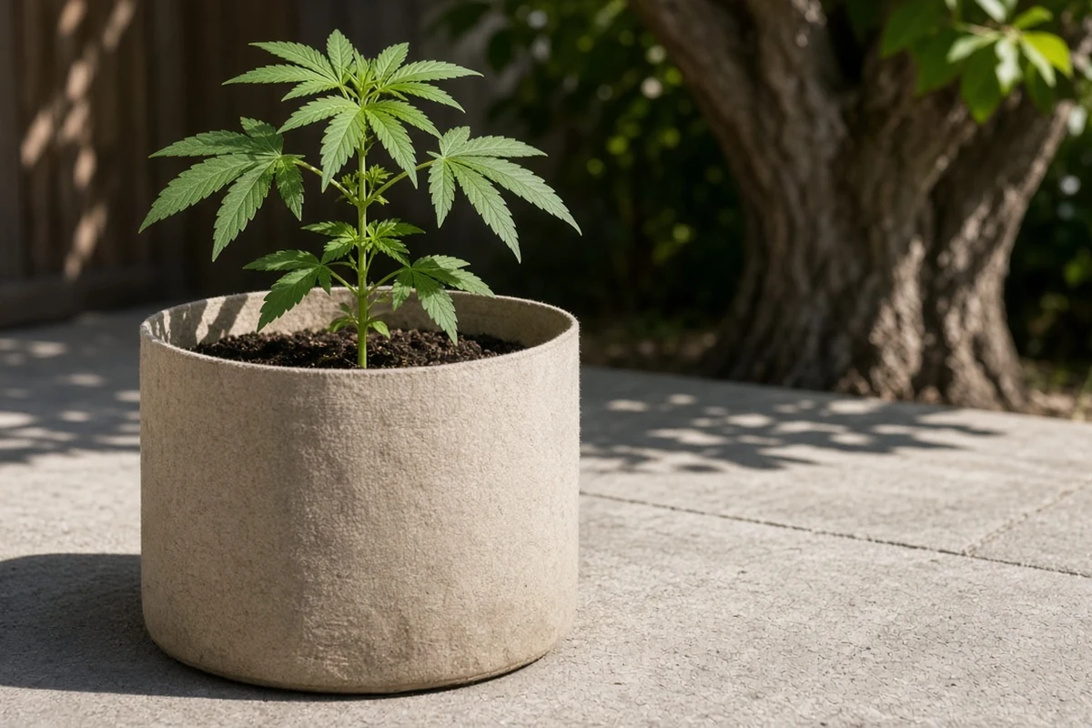Large container with a young plant set in full sun away from a tree