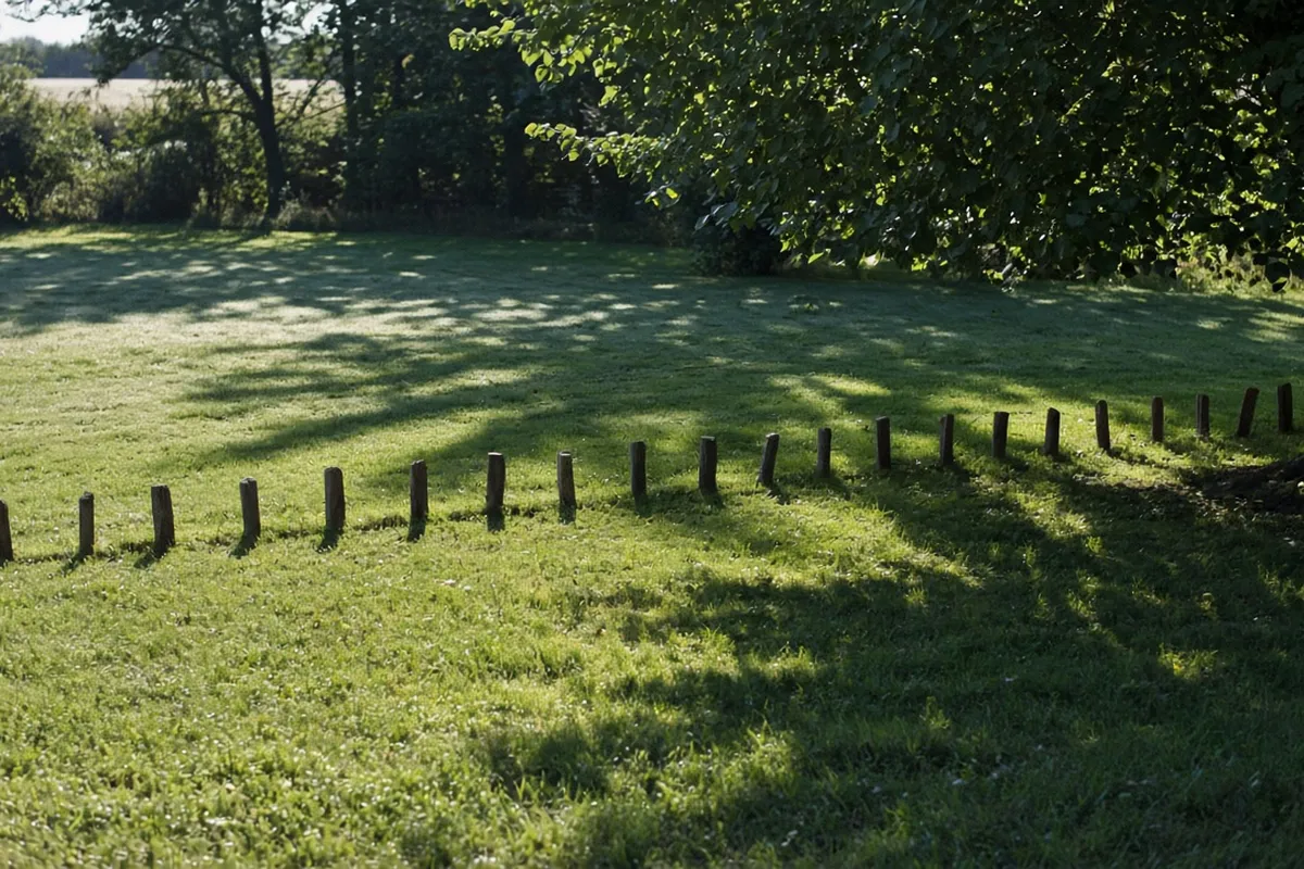 Wooden stakes in a lawn marking the edge of a tree's morning shadow