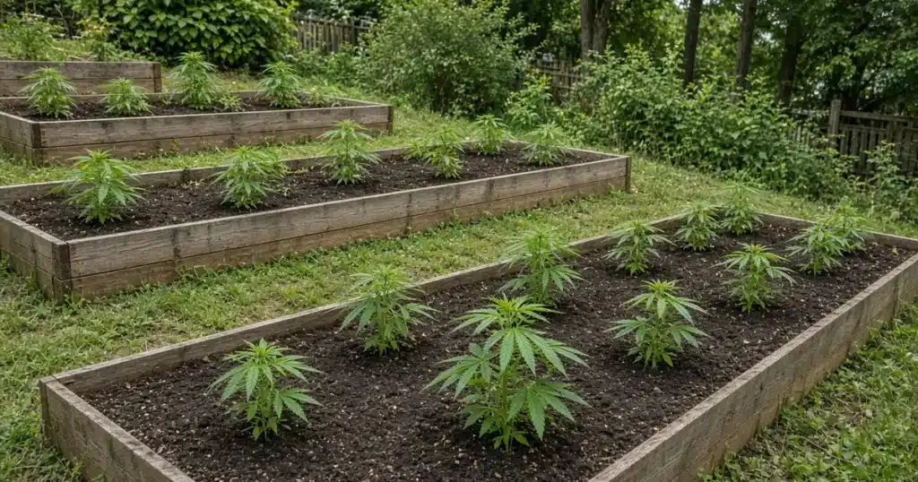 Growing cannabis on a slope: young plants in terraced beds on a backyard hillside