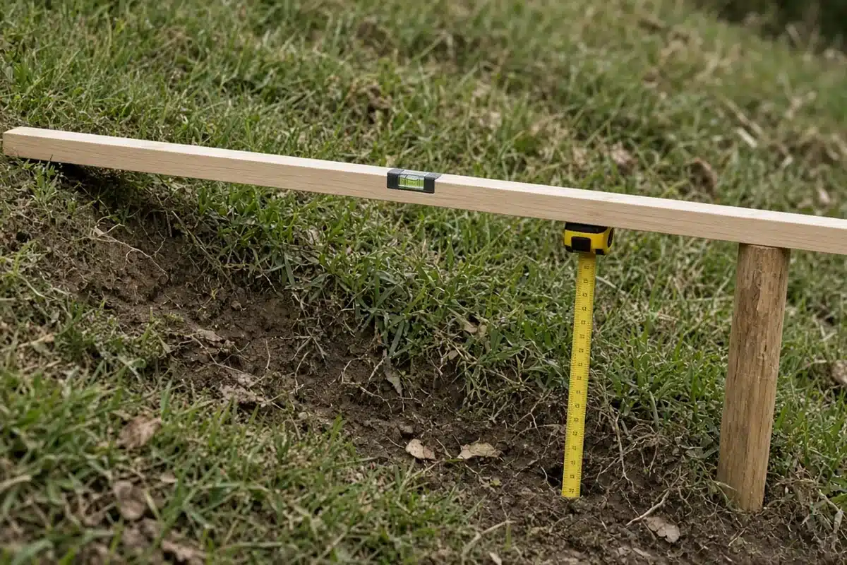 A level board, stake and tape measure set up to measure the rise of a slope