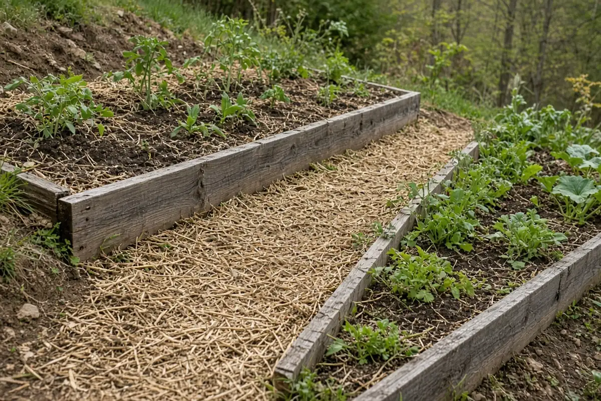 Straw mulched path running across a hillside between two wooden framed beds