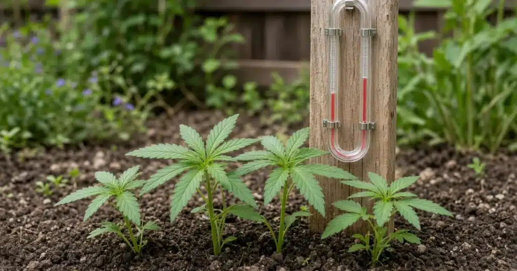 Growing degree days for cannabis: spring seedlings beside a garden thermometer