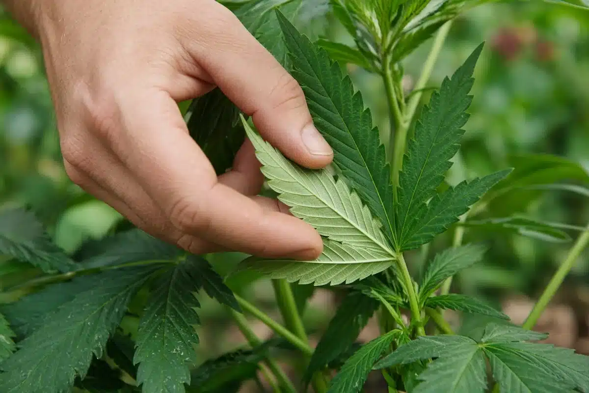 Gardener checking the underside of a cannabis leaf for insects
