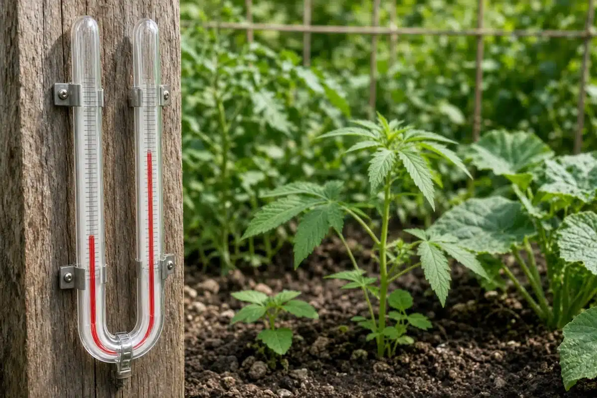 Maximum and minimum thermometer on a post beside an outdoor garden bed