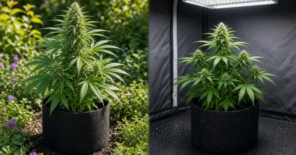 Split scene of a potted cannabis plant in a sunny garden and a matching plant under LED in a grow tent