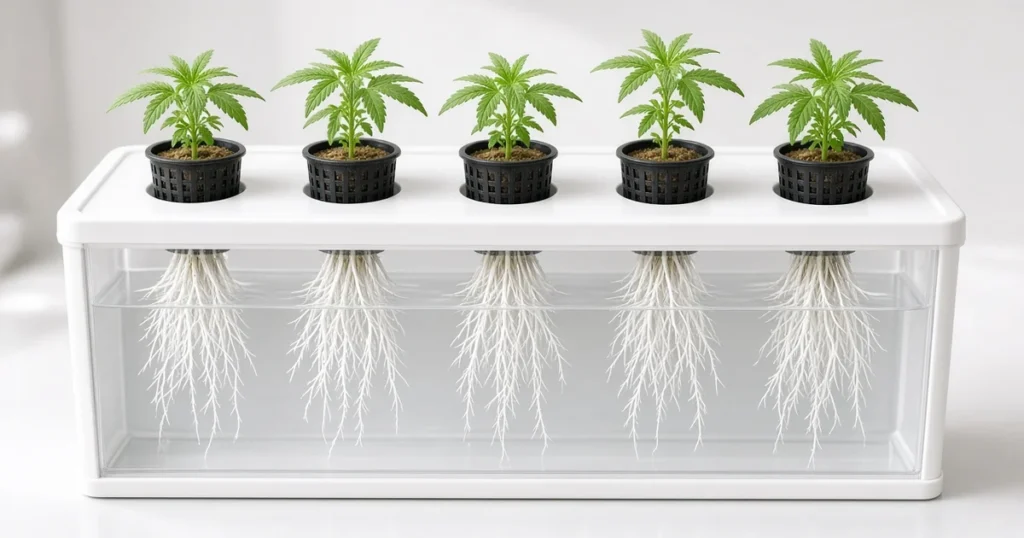 Young cannabis plants in net pots on a hydroponic tray with roots in water