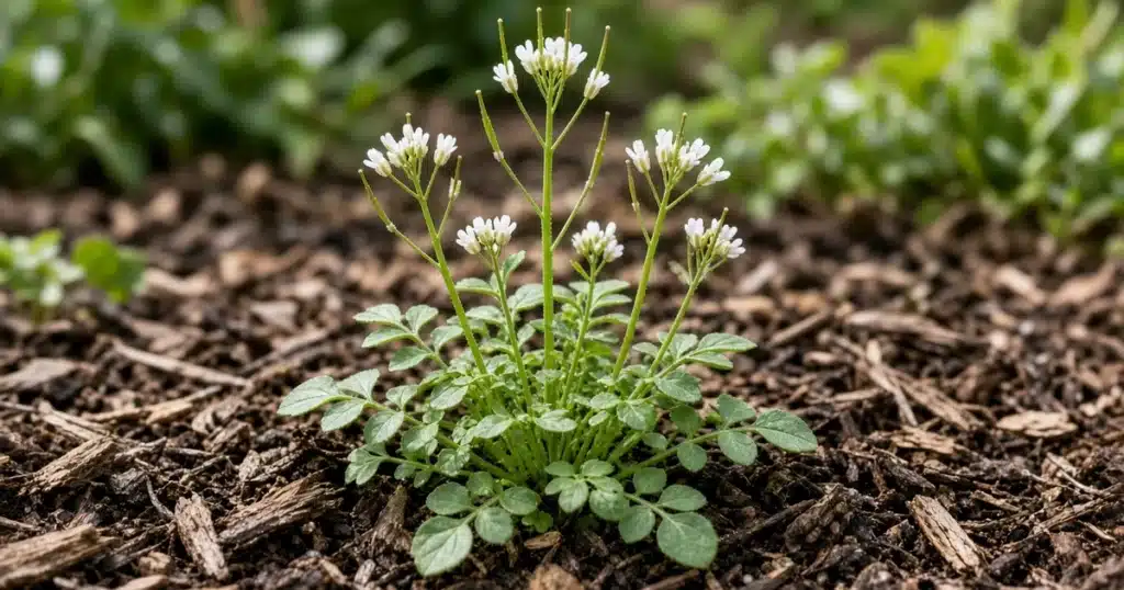 Hairy bittercress with small white flowers in a mulched garden bed