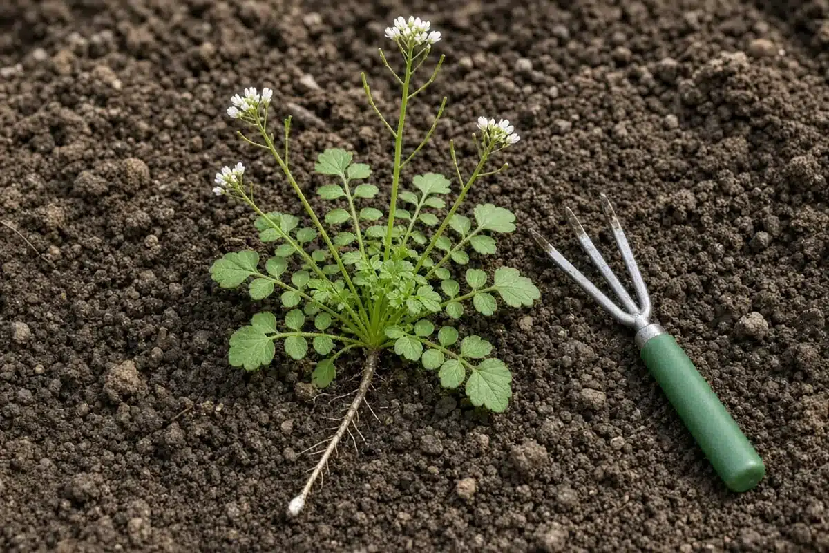 Pulled hairy bittercress with thin taproot beside a green-handled hand weeder