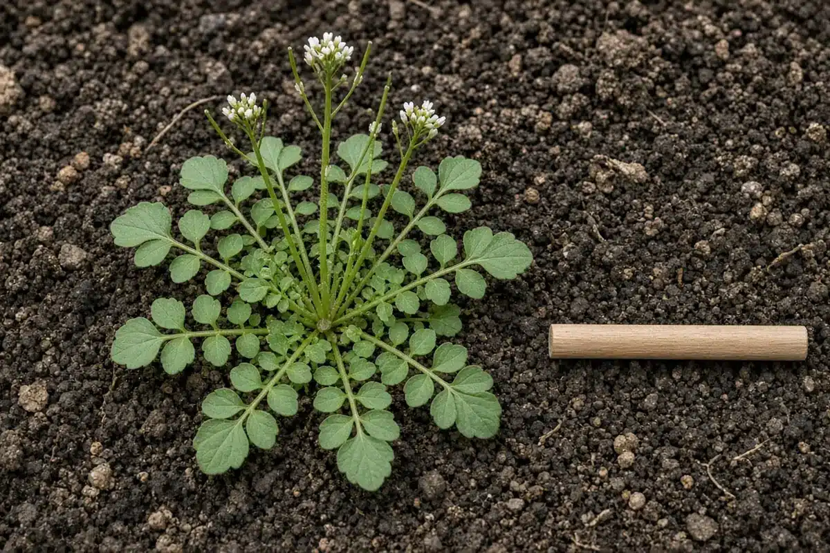 Hairy bittercress rosette with white flowers on soil beside a wooden dowel