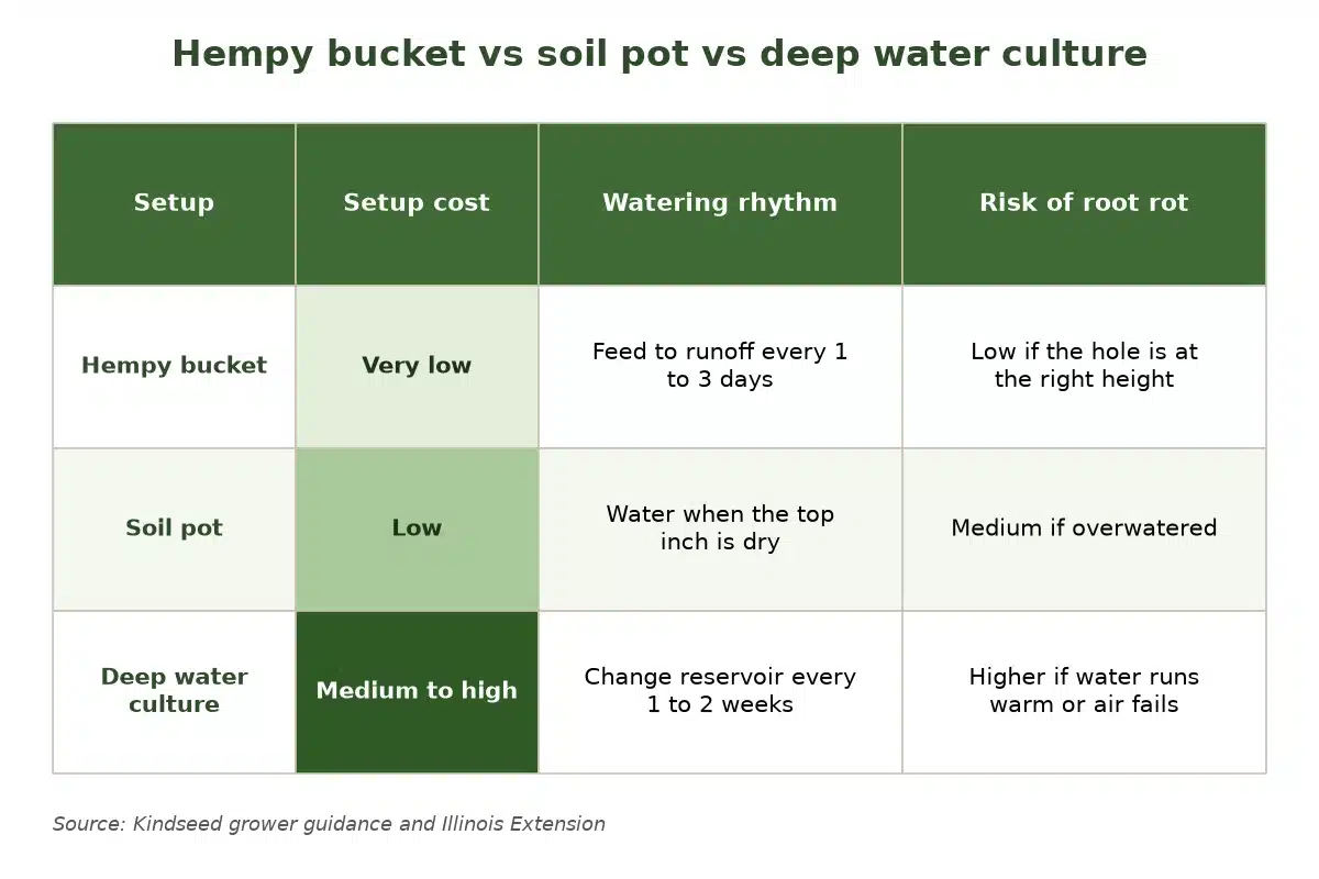 Chart comparing hempy bucket, soil pot and deep water culture on setup cost, watering rhythm and root rot risk