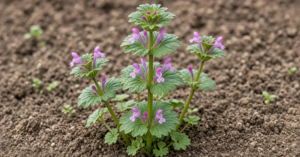 Henbit with scalloped leaves and small purple flowers carpeting a bare garden bed in early spring