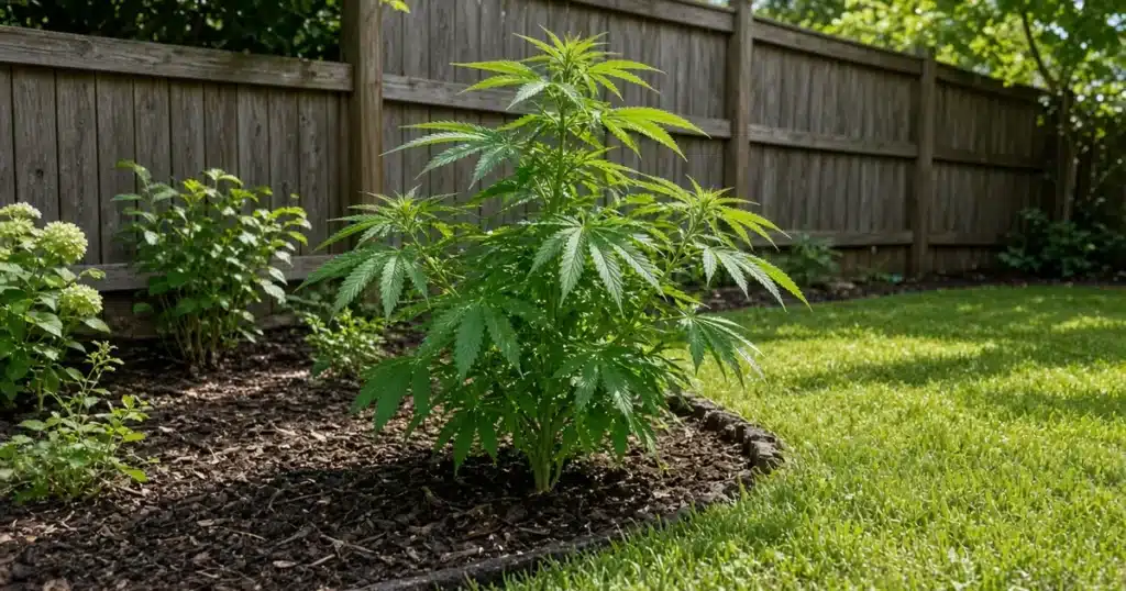 Herbicide drift damage on cannabis: an outdoor plant in a bed beside a neighboring lawn