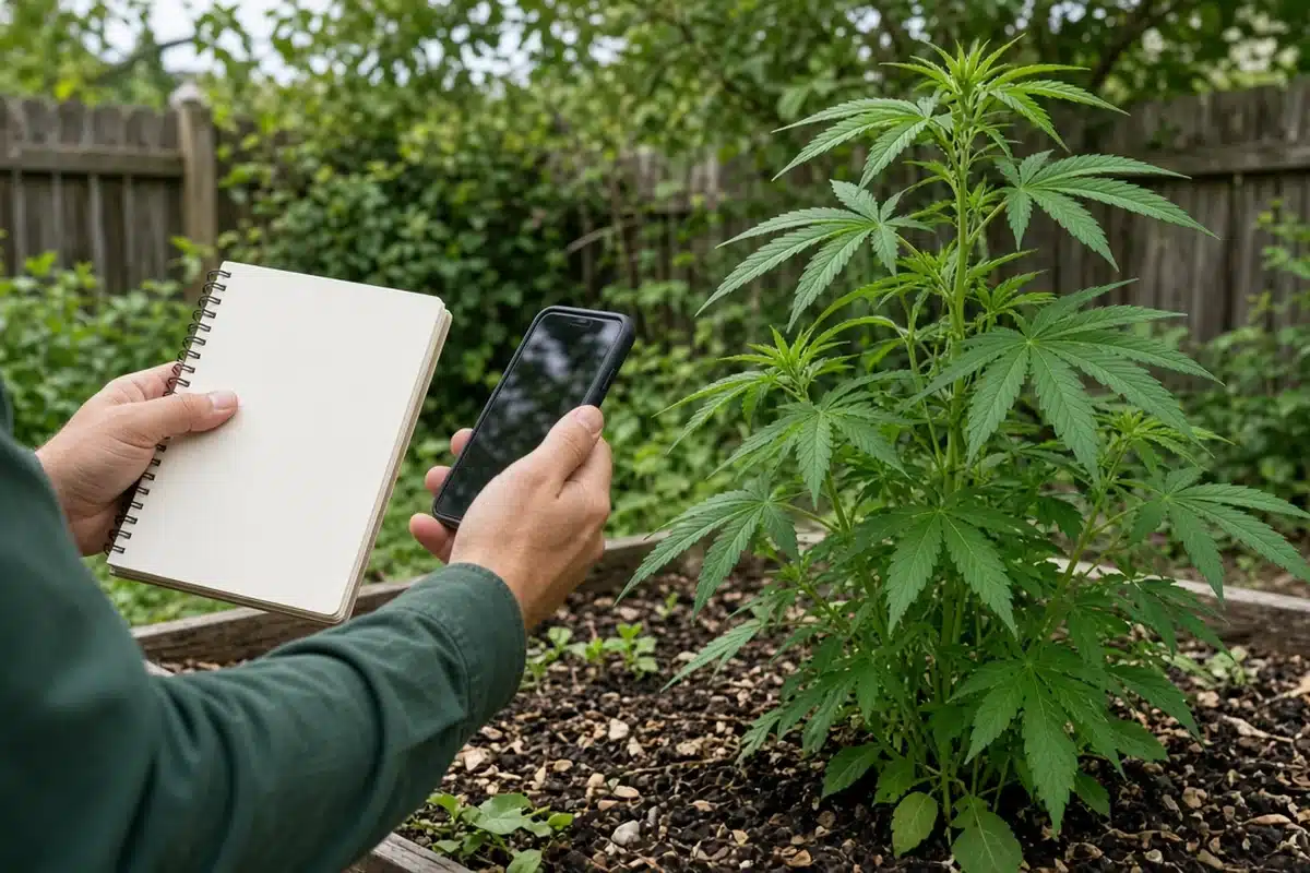 Gardener photographing an outdoor cannabis plant to track new growth