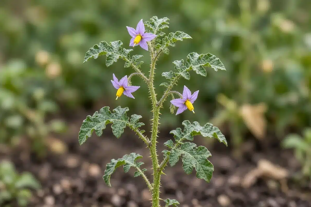 Horsenettle with pale violet star flowers and wavy-lobed leaves