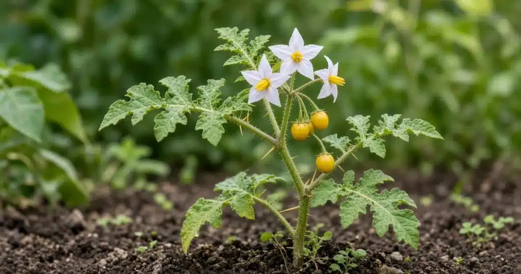 Horsenettle with white star flowers and yellow berries in a garden bed