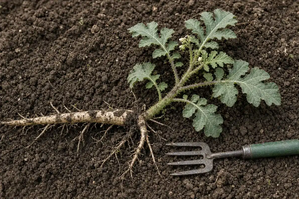 Pulled horsenettle with long rhizome beside a green-handled weeding fork