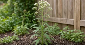 Tall horseweed stalk with narrow crowded leaves rising from a garden bed beside a fence