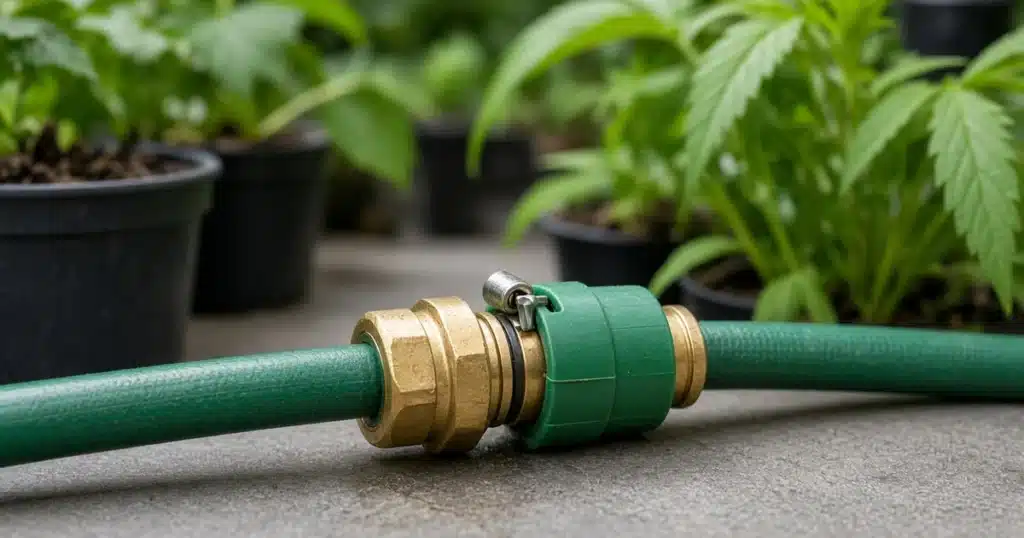 Brass and green quick connect fitting joining two green garden hoses on a patio, with potted cannabis plants behind