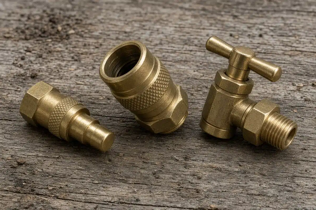Three brass hose fittings, a plug, a knurled coupler and a T handle shutoff valve, on a weathered wooden bench