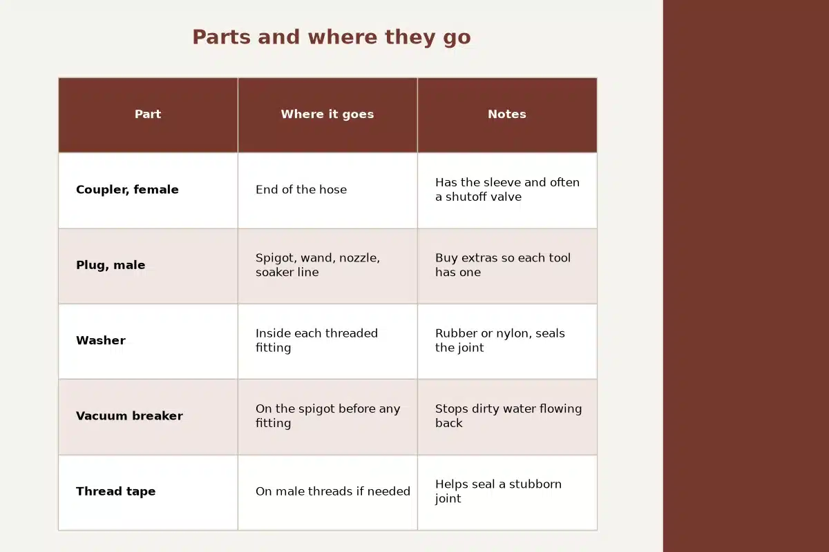 Table chart titled Parts and where they go, comparing where it goes, notes for each part