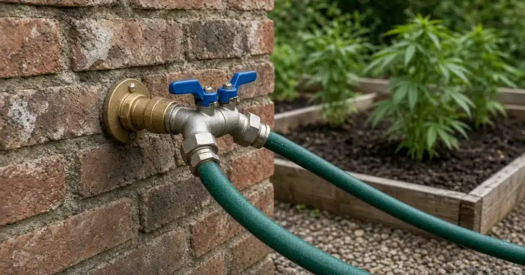 Two way hose splitter with blue shutoff levers on a spigot on a brick wall, green hoses running toward raised beds of cannabis