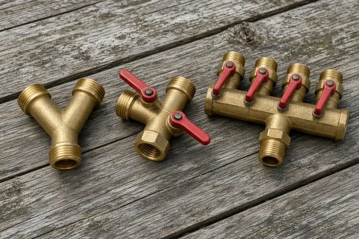 Brass Y splitter, two way valve splitter and four way manifold with red levers on a weathered wooden table