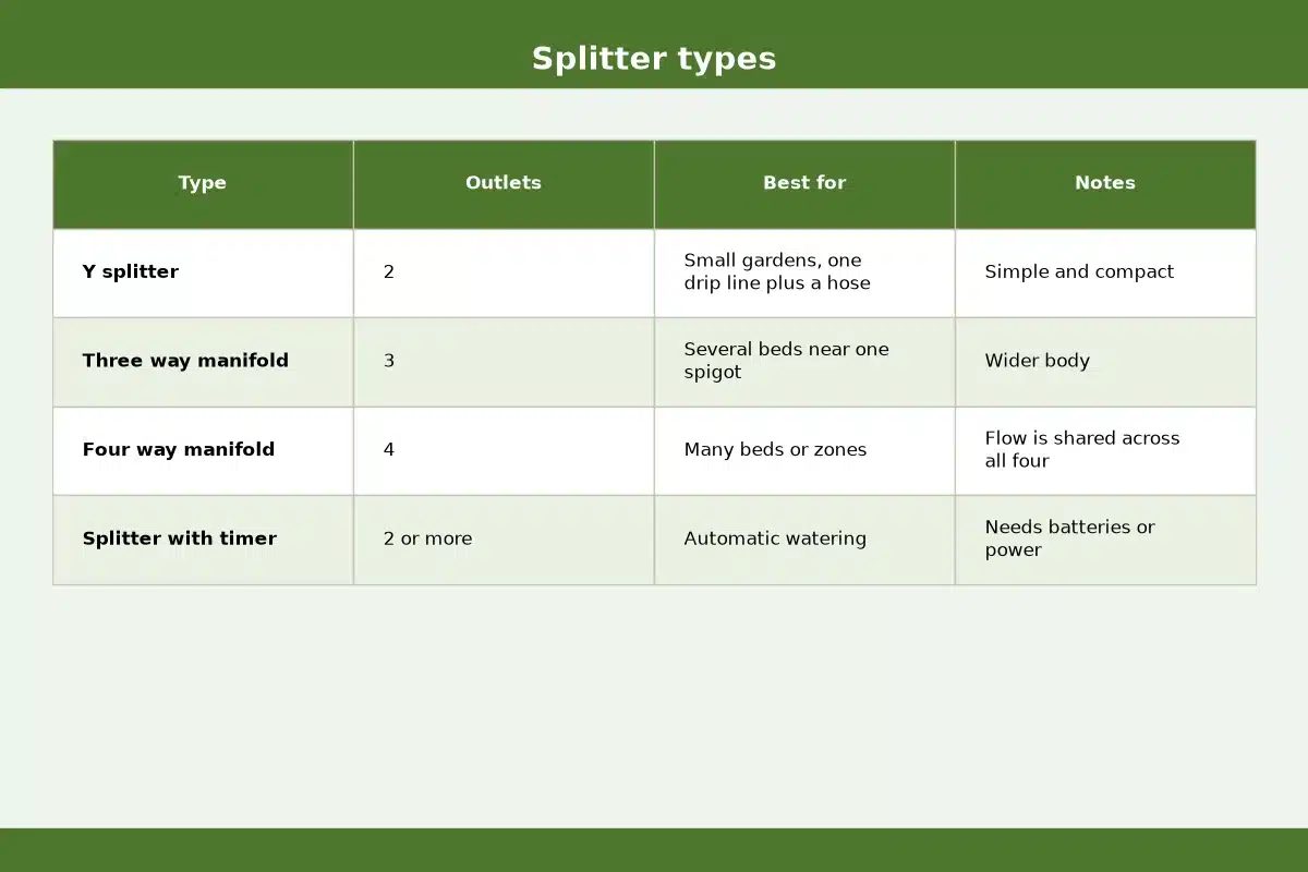 Table chart titled Splitter types, comparing outlets, best for, notes for each type