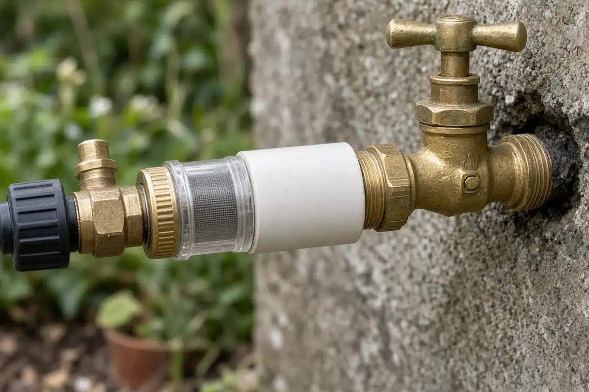 Faucet fitted with a hose timer, filter and pressure regulator in order