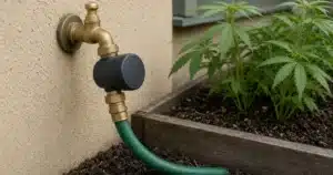 Hose timer for garden watering attached to an outdoor faucet beside cannabis beds