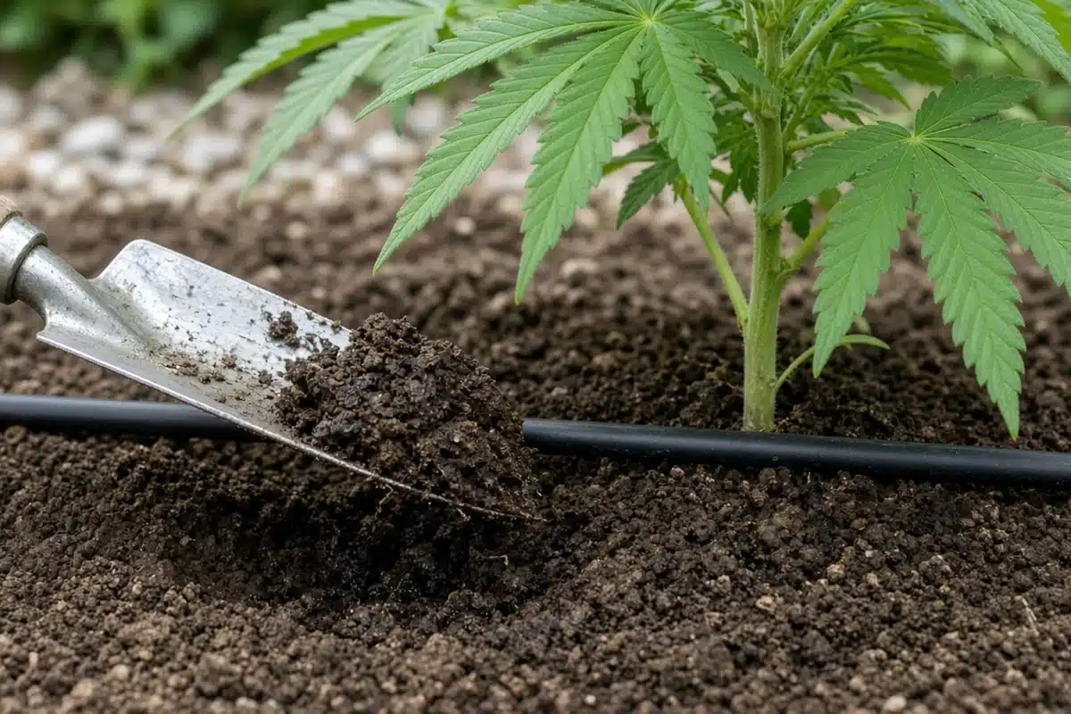 Gardener checking soil moisture with a trowel after a timed watering run