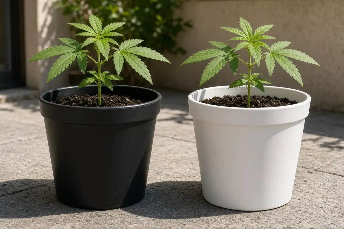A black pot and a white pot side by side in direct summer sun