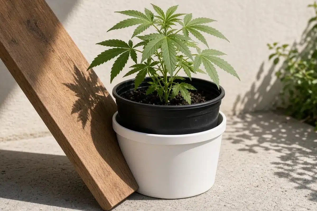 Dark pot set inside a light outer pot with its side shaded from afternoon sun