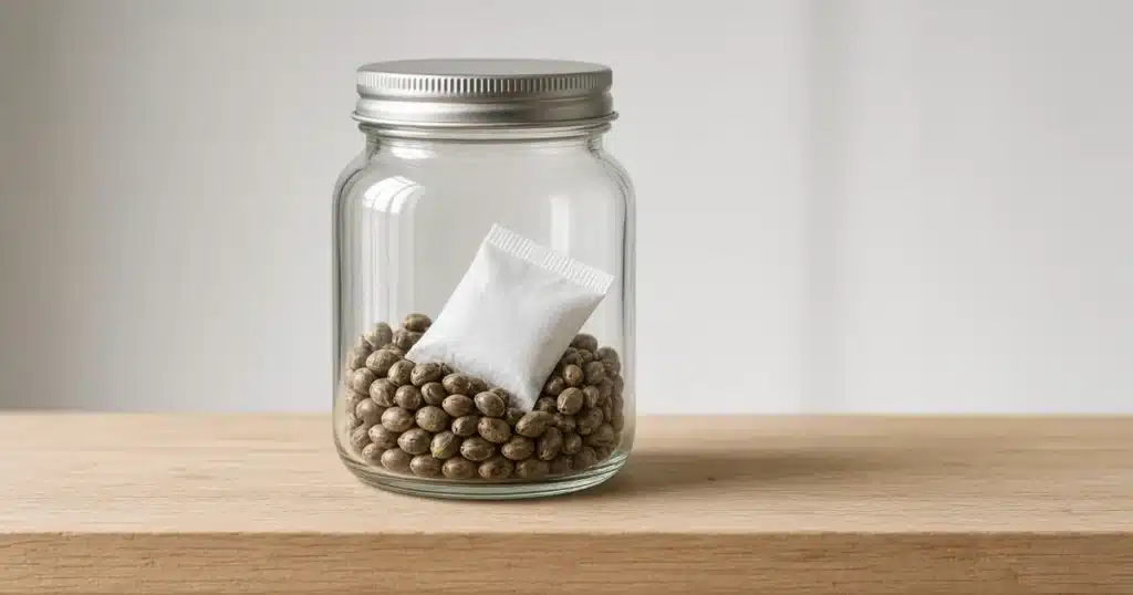 How Long Do Cannabis Seeds Last: seeds in a sealed jar with a desiccant pack
