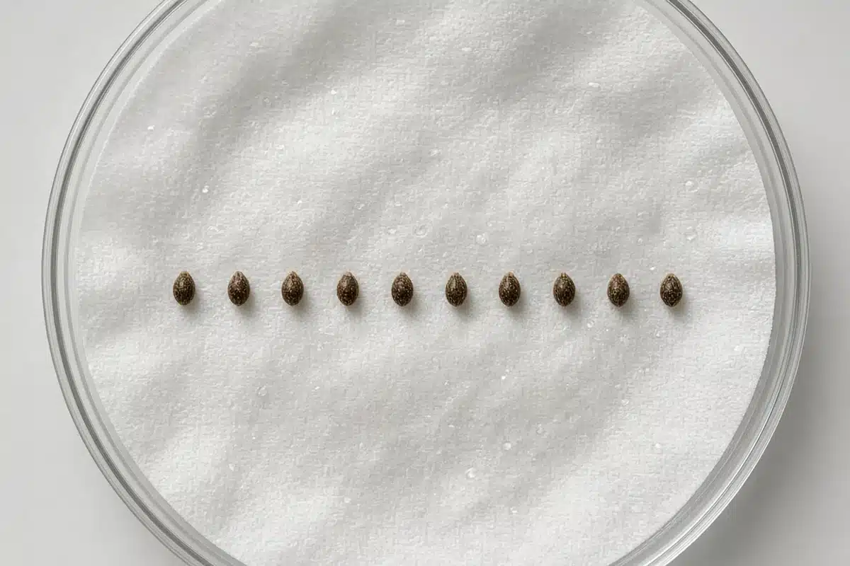 Ten cannabis seeds on a damp paper towel for a germination test