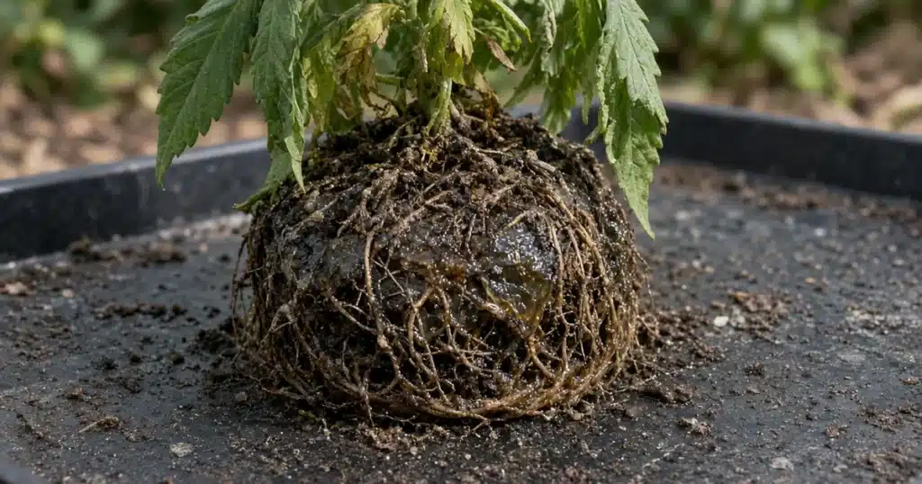 Lifted cannabis root ball with brown, slimy rotting roots on a potting tray