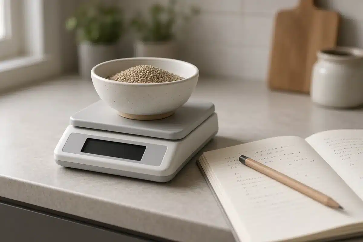 Granular fertilizer in a bowl on a kitchen scale beside an open notebook and pencil