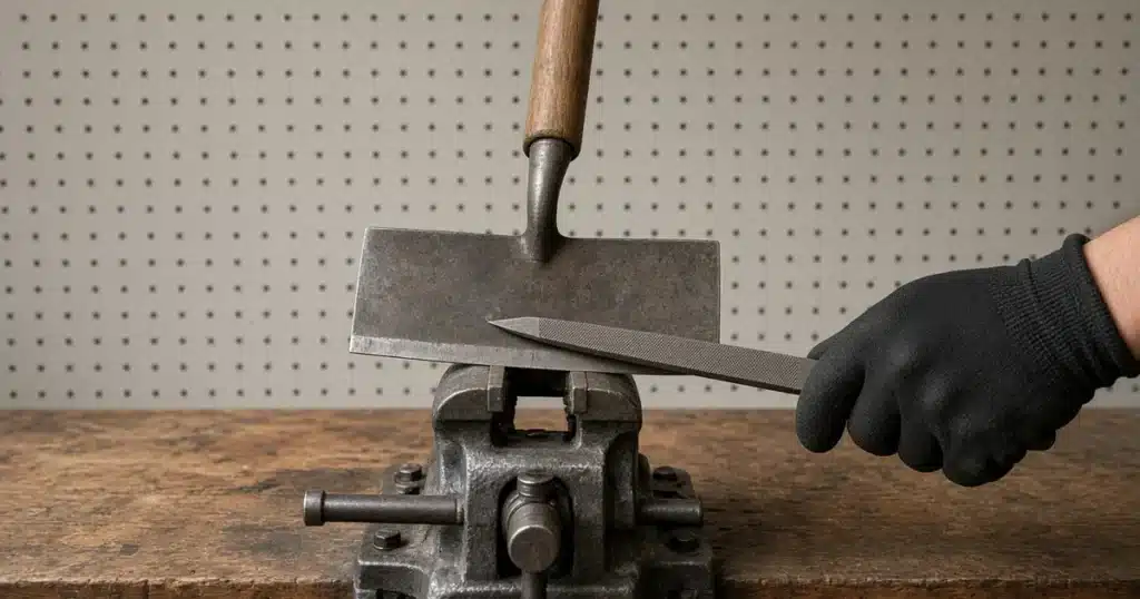 How to sharpen garden tools: filing the edge of a hoe clamped in a vise