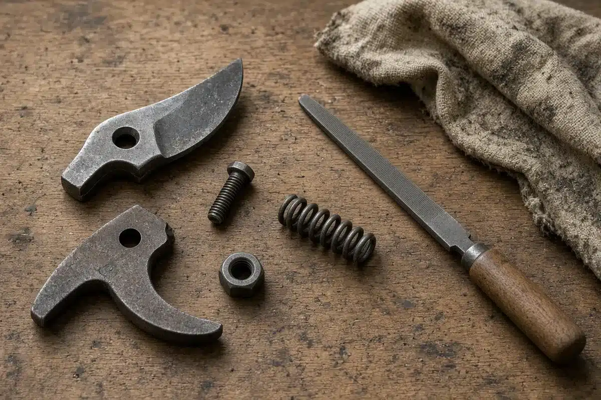 Bypass pruners taken apart on a workbench for sharpening