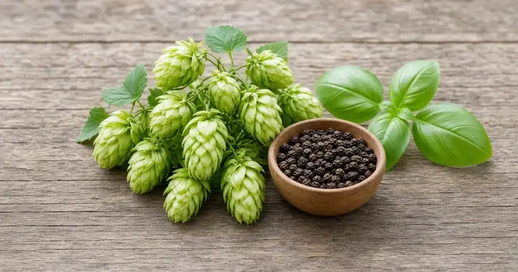 Hop cones with a bowl of black peppercorns and fresh basil on a wooden surface