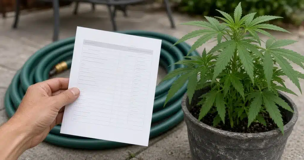 Water alkalinity for plants: a water test report beside a potted cannabis plant