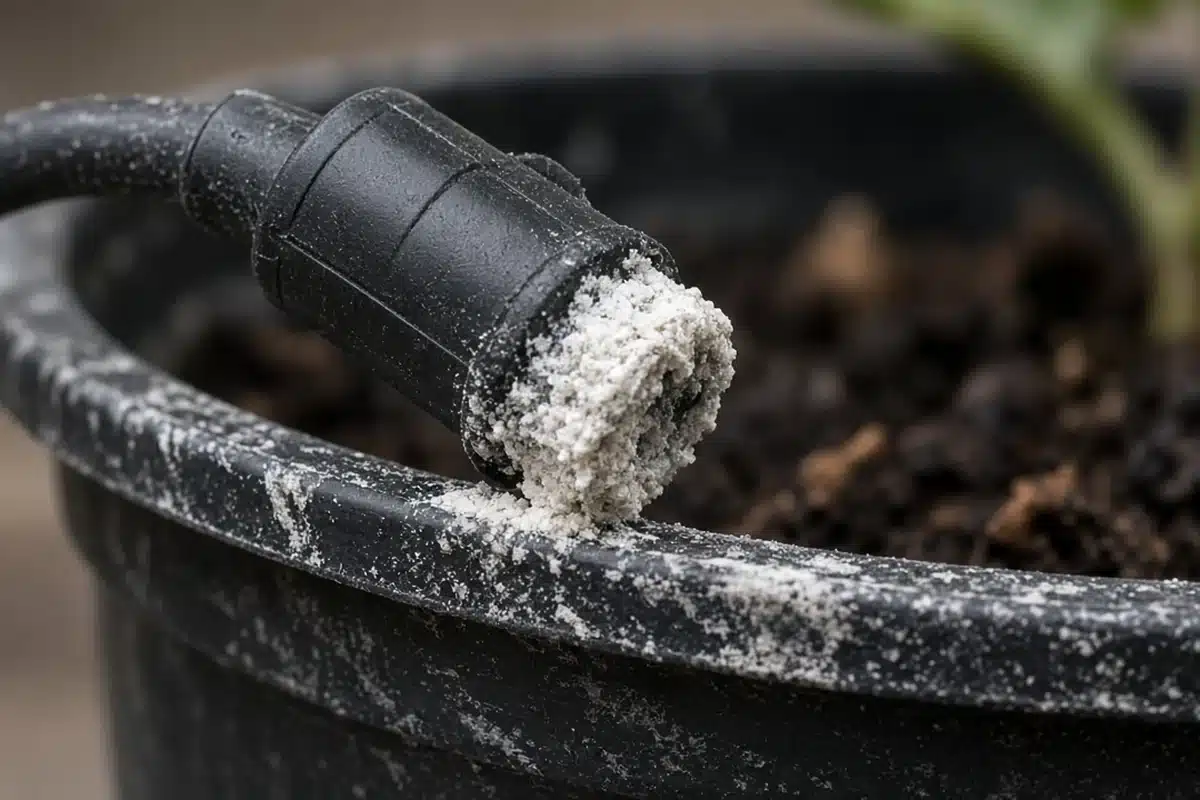 White mineral scale from hard water on a drip emitter and pot rim