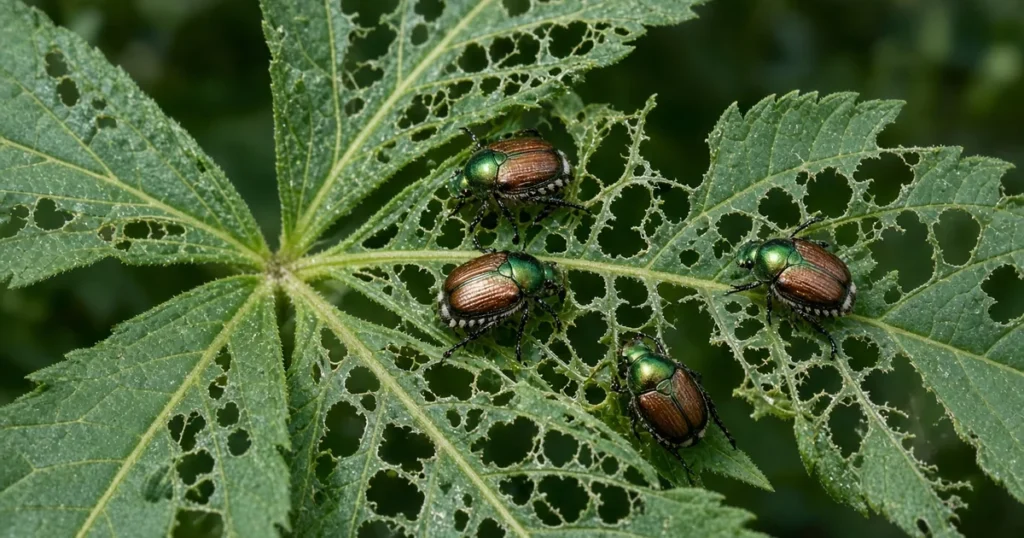Shiny green and copper Japanese beetles on a lacy cannabis fan leaf