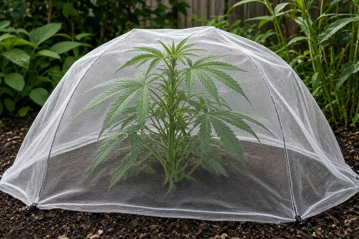 Fine insect netting on hoops pinned to the soil around a cannabis plant