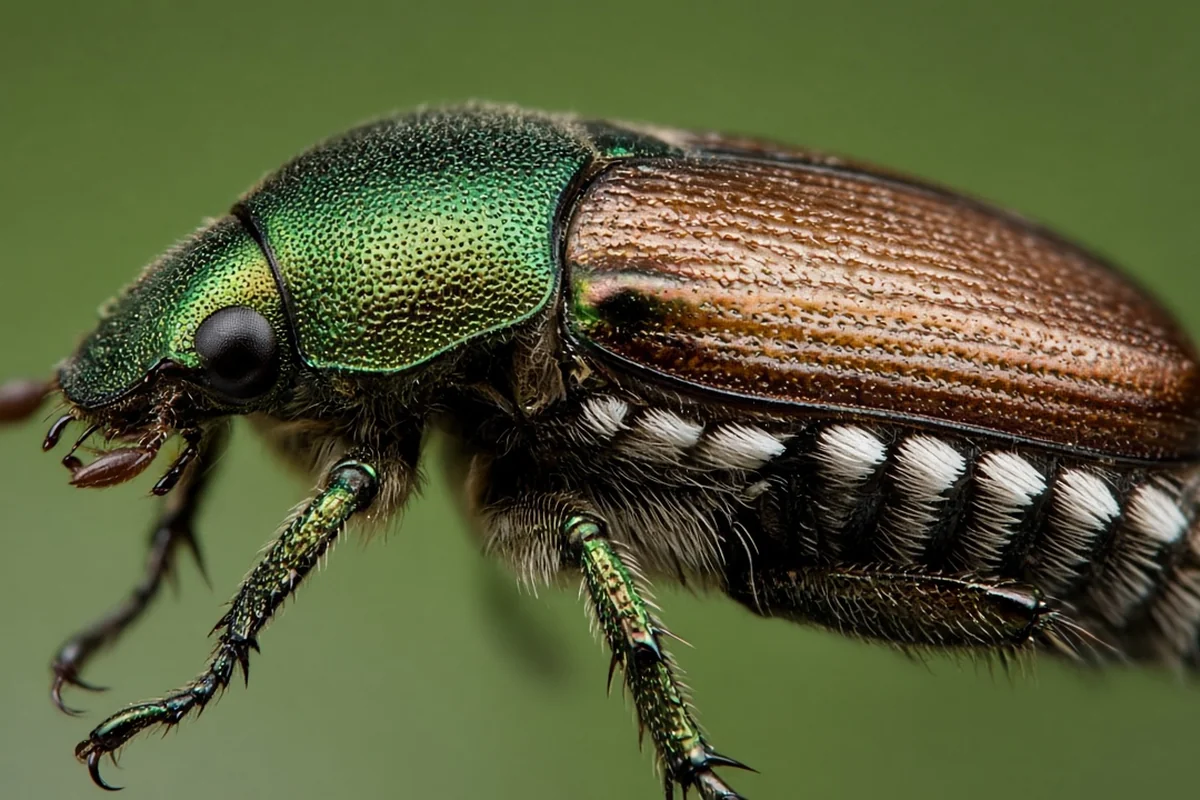 Close view of the white hair tufts along the side of a Japanese beetle