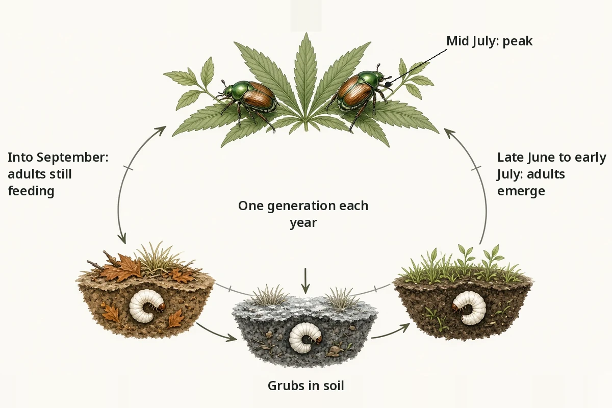 Yearly cycle from soil grubs to summer adults from late June to September