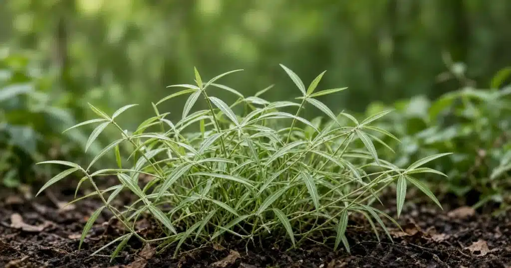 Japanese stiltgrass spreading in a patch at the edge of a garden bed