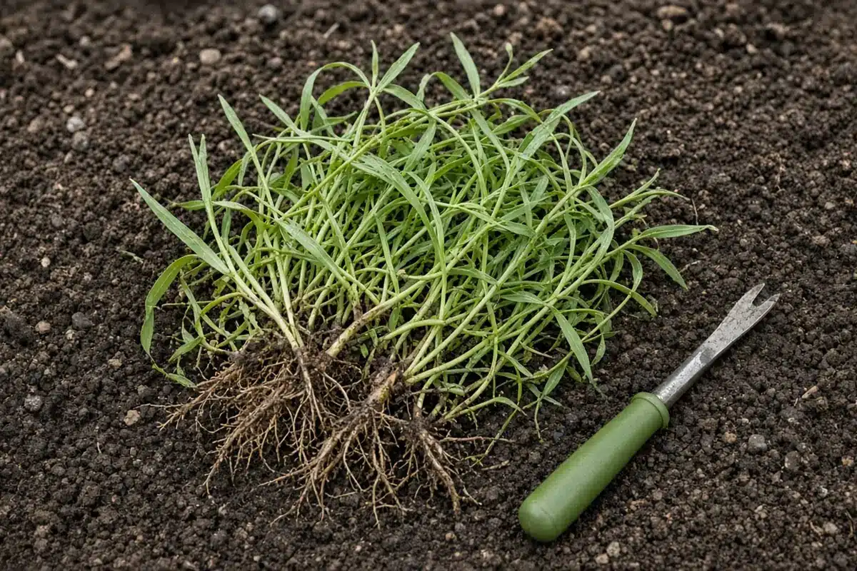 Pulled Japanese stiltgrass clump with roots beside a green-handled weeding knife