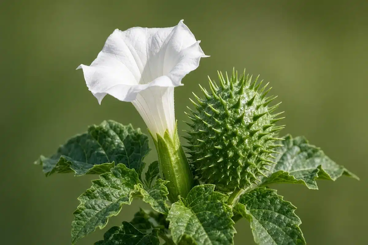 Upright white jimsonweed trumpet flower beside a spiny green seed pod and toothed leaves